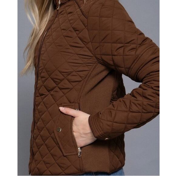 Suede Piping Detail Knit Rib Quilted Padding Jacket Hazelnut Brown - Picture 4 of 7